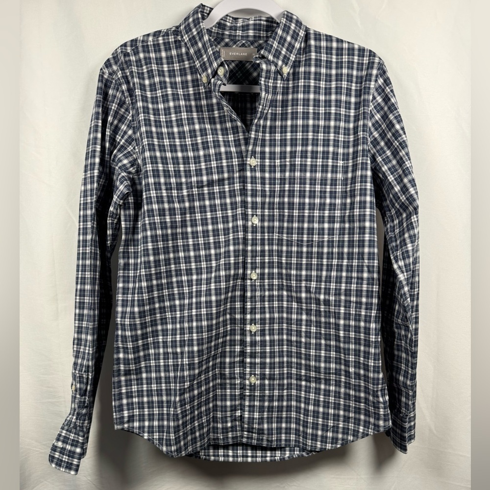 Everlane Women's Navy and White Checkered Button Down Shirt XS